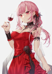 Rule 34 | 1girl, breasts, commentary, cowboy shot, cup, detached collar, dress, drinking glass, flower, hair flower, hair ornament, hand up, highres, holding, holding cup, hololive, hololive english, large breasts, long hair, looking at viewer, mori calliope, mori calliope (party dress), nail polish, parted lips, pink eyes, pink hair, red dress, red flower, red nails, red rose, rose, simple background, solo, standing, strapless, strapless dress, virtual youtuber, wenz, white background, wrist cuffs