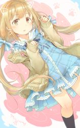 Rule 34 | 1girl, black socks, blue bow, blue dress, blush, bow, brown cardigan, brown eyes, cardigan, collared dress, commentary request, drawn ears, drawn whiskers, dress, face filter, futaba anzu, gomennasai, hair bow, hands up, highres, idolmaster, idolmaster cinderella girls, idolmaster cinderella girls starlight stage, kneehighs, light brown hair, long hair, long sleeves, low twintails, open cardigan, open clothes, parted lips, plaid, plaid dress, revision, sleeves past wrists, socks, solo, striped, striped bow, twintails, very long hair, whiskers