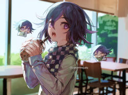 Rule 34 | 1boy, agenasumiso51, blurry, blurry background, bubble tea, chair, checkered clothes, checkered scarf, closed eyes, cup, danganronpa (series), danganronpa v3: killing harmony, disposable cup, drinking straw, grin, hair between eyes, holding, indoors, long sleeves, male focus, mini person, miniboy, multiple boys, open mouth, oma kokichi, purple eyes, purple hair, scarf, smile, straitjacket, table