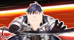 Rule 34 | 1boy, absurdres, black gloves, black hair, cleft chin, coat, commission, cosplay, eiyuu densetsu, english text, family guy, fat, fat man, gloves, highres, holding, holding sword, holding weapon, kowai (iamkowai), looking at viewer, male focus, peter griffin, purple eyes, rean schwarzer, rean schwarzer (cosplay), sen no kiseki, short hair, solo, sword, weapon, white coat