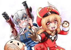 Rule 34 | 2girls, :d, ahoge, atawatsho, backpack, bag, breasts, brown gloves, brown scarf, cabbie hat, camieux, cleavage, clover print, coat, commentary, crossover, dual wielding, english commentary, genshin impact, gloves, gradient background, granblue fantasy, grey eyes, gun, hair between eyes, handgun, hat, highres, holding, horns, jumpy dumpty, klee (genshin impact), light brown hair, long hair, looking at viewer, low twintails, multiple girls, open mouth, orange eyes, pointy ears, randoseru, red coat, scarf, sidelocks, silver hair, simple background, smile, tears, throwing, twintails, voice actor connection, weapon