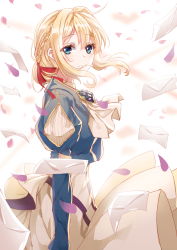 Rule 34 | 10s, 1girl, absurdres, blonde hair, blue eyes, blue jacket, braid, brooch, cherry blossoms, dress, envelope, from side, gloves, hair between eyes, hair intakes, hair ribbon, hand on own chest, highres, jacket, jewelry, letter, long hair, long sleeves, looking at viewer, mechanical hands, petals, red ribbon, ribbon, single mechanical hand, solo, violet evergarden, violet evergarden (series), zhl