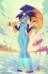 Rule 34 | 2girls, beach umbrella, blue skin, breasts, breasts apart, cloud, colored sclera, colored skin, commentary, crab, english commentary, fish girl, food, hair ornament, highres, jewelry, medium breasts, minette (skullgirls), monster girl, ms. fortune (skullgirls), multiple girls, necklace, nipples, nude, outdoors, pearl necklace, pussy, rtil, shell, shell necklace, skullgirls, solo focus, tray, umbrella, uncensored, wading, water, yellow sclera