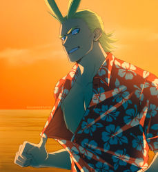 Rule 34 | 1boy, aged down, all might, alternate costume, antenna hair, bad id, bad pixiv id, bare pectorals, beach, blonde hair, boku no hero academia, clothes pull, floral print, grin, hair slicked back, large pectorals, looking at viewer, male focus, muscular, muscular male, nipples, pectorals, print shirt, pulled by self, shirt, shirt pull, short hair, smile, solo, sunlight, sunset, trevo (trevoshere), upper body