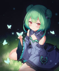 Rule 34 | 1girl, absurdres, blue dress, blue sleeves, blush, bug, butterfly, butterfly on hand, closed mouth, detached collar, detached sleeves, double bun, dress, feet out of frame, green hair, hair bun, hair ornament, highres, hololive, insect, looking at viewer, red eyes, short hair, sitting, skull hair ornament, smile, solo, tousaki (tousakiworks), uruha rushia, uruha rushia (1st costume), virtual youtuber, wariza