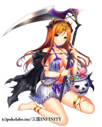 Rule 34 | 1girl, anklet, armlet, barefoot, black cape, bow, bracelet, breasts, brown hair, cape, cleavage, feet, floating hair, frilled shorts, frills, fuji minako, green eyes, grey shorts, halloween, halloween costume, holding, holding scythe, jewelry, long hair, looking at viewer, medium breasts, purple bow, sangoku infinity, scythe, short shorts, shorts, simple background, sitting, solo, very long hair, wariza, white background