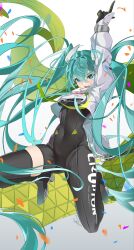 Rule 34 | 1girl, absurdly long hair, aqua eyes, aqua hair, asymmetrical bodysuit, black bodysuit, bodysuit, boots, breasts, confetti, covered navel, cropped jacket, flag, gloves, goodsmile company, goodsmile racing, green flag, hatsune miku, highres, jacket, jumping, kiyu (user gumh3224), long hair, long sleeves, looking at viewer, medium breasts, open mouth, pointing, pointing up, race queen, racing miku, racing miku (2022), single leg bodysuit, single thigh boot, single thighhigh, smile, solo, text print, thigh boots, thighhighs, twintails, two-tone gloves, very long hair, vocaloid, white jacket