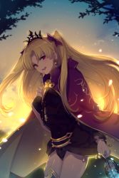 Rule 34 | 1girl, backlighting, birdcage, blonde hair, blush, bow, breasts, cage, cape, character doll, commentary request, crown, doll, earrings, echo (circa), ereshkigal (fate), fate/grand order, fate (series), gilgamesh, gilgamesh (caster) (fate), gilgamesh (fate), hair between eyes, hair bow, hair ornament, holding, holding cage, jewelry, long hair, looking at viewer, medium breasts, open mouth, red bow, red cape, red eyes, skull, smile, solo, spine, twintails, twitter username