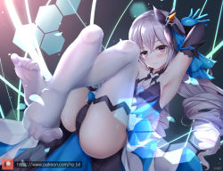 Rule 34 | 1girl, armpits, arms up, black gloves, blush, breasts, bronya zaychik, bronya zaychik (herrscher of reason), bug, butterfly, center opening, crossed bangs, dress, drill hair, earrings, elbow gloves, feet, gloves, hair ornament, honkai (series), honkai impact 3rd, insect, jewelry, layered dress, legs up, long hair, looking at viewer, napalmbit, quad drills, reclining, silver hair, small breasts, solo, thighhighs, toes, white thighhighs