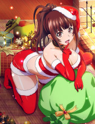Rule 34 | 1girl, :d, alternate costume, bell, blunt bangs, box, breasts, brown eyes, brown hair, christmas, cleavage, collarbone, elbow gloves, fur-trimmed gloves, fur-trimmed headwear, fur-trimmed shorts, fur-trimmed thighhighs, fur trim, gift, gift bag, gift box, gloves, hat, ikkitousen, kneeling, large breasts, long hair, looking at viewer, midriff, neck bell, open mouth, ponytail, red gloves, red hat, red shorts, red thighhighs, santa costume, santa hat, shiny skin, short shorts, shorts, smile, solo, strapless, thighhighs, yagyu mitsuyoshi