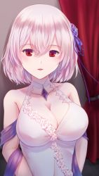 Rule 34 | 1girl, azur lane, bare shoulders, breasts, cleavage, cleavage cutout, clothing cutout, covered erect nipples, curtains, dress, evening gown, ex saki, flower, flower-trimmed dress, hair between eyes, hair flower, hair ornament, halter dress, halterneck, highres, indoors, large breasts, looking at viewer, medium hair, official alternate costume, purple flower, purple ribbon, red eyes, ribbon, rose, sirius (azur lane), sirius (white rose) (azur lane), sleeveless, sleeveless dress, solo, upper body, white dress, white flower, white hair, white rose