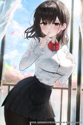 Rule 34 | 1girl, absurdres, bad anatomy, black pantyhose, black skirt, blush, bow, bowtie, breasts, brown hair, day, fingers to mouth, hand on own chest, highres, indoors, large breasts, long sleeves, pantyhose, pleated skirt, red bow, red bowtie, shirt, skirt, sonchi, standing, watermark, white shirt, window
