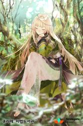 Rule 34 | 1girl, barefoot, blonde hair, circlet, closed eyes, feet, forest, hair ornament, head on hand, crossed legs, long hair, long skirt, macciatto (aciel02), nature, qurare magic library, see-through, sitting, skirt, traditional clothes, very long hair