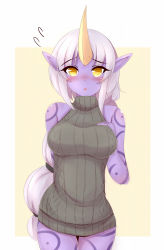 Rule 34 | 1girl, :o, aran sweater, arm behind back, ayatori (aytr), blush, breasts, cable knit, colored skin, hand on breast, highres, horns, large breasts, league of legends, long hair, looking at viewer, multi-tied hair, pointy ears, ponytail, purple skin, ribbed sweater, single horn, solo, soraka (league of legends), sweatdrop, sweater, tattoo, very long hair, white hair, yellow eyes