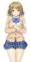 Rule 34 | 10s, 1girl, brown eyes, brown hair, cardigan, courreges ace, flower, hair flower, hair ornament, hands on own chest, idolmaster, idolmaster cinderella girls, looking at viewer, mimura kanako, open mouth, plaid, plaid skirt, pleated skirt, school uniform, short hair, simple background, skirt, solo, white background