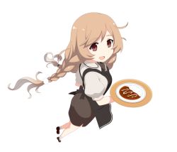 Rule 34 | 1girl, alternate costume, apron, ascot, black skirt, braid, brown ascot, brown eyes, curry, curry rice, food, from above, full body, gradient hair, holding, holding tray, kantai collection, light brown hair, long hair, looking at viewer, minegumo (kancolle), multicolored hair, open mouth, perspective, plate, puffy short sleeves, puffy sleeves, rice, shirt, short sleeves, simple background, skirt, smile, solo, tray, tun, twin braids, white background, white hair, white legwear, white shirt