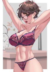 1girl :o abs antenna_hair armpits arms_up bare_arms blush bow bow_bra bow_panties bra breasts brown_eyes brown_hair cleavage clock floral_print glasses himeliofon lace lace-trimmed_bra lace_bra lace_panties lace_trim large_breasts looking_at_viewer lower_teeth_only mole mole_under_eye muscular muscular_female navel one_eye_closed open_mouth original panties plant purple_bra purple_panties short_hair skindentation solo stretching table teeth underwear upper_teeth_only yawning