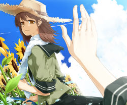 Rule 34 | 10s, 2girls, blue sky, brown eyes, brown hair, day, flower, hat, hose, kantai collection, kitakami (kancolle), long hair, looking at viewer, multiple girls, ooi (kancolle), out of frame, outstretched hand, sailor collar, sakuraba yuuki, skirt, sky, smile, straw hat, summer, sunflower, towel, towel around neck
