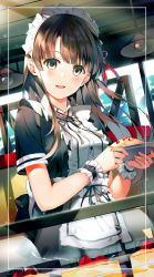 Rule 34 | 1girl, :d, absurdres, apron, black dress, blush, breasts, brown eyes, brown hair, cake, cake slice, ceiling light, center frills, dress, dutch angle, eyebrows hidden by hair, food, frills, heart, highres, holding, holding plate, indoors, long hair, looking at viewer, maid, maid headdress, medium breasts, niii (memstapak), omelet, omurice, open mouth, original, plate, short sleeves, smile, solo, very long hair, waist apron, white apron