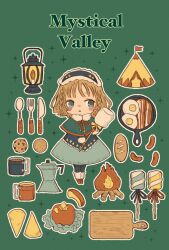 Rule 34 | 1girl, bacon, black skirt, blush stickers, braid, bread, brown hair, campfire, capelet, cerika, cookie, cup, cutting board, egg, food, fork, frying pan, full body, gloves, green eyes, grey background, headdress, highres, marshmallow, original, ribbon, sausage, shoes, skirt, solo, sparkle, spoon, tent