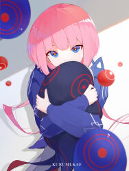Rule 34 | 1girl, absurdres, blue eyes, blue jacket, highres, holding, holding stuffed toy, hood, hooded jacket, jacket, kaf (kamitsubaki studio), kamitsubaki studio, laplace (kamitsubaki studio), long hair, looking at viewer, low twintails, multicolored eyes, pink hair, riai kurumi, solo, stuffed animal, stuffed fish, stuffed toy, twintails, upper body, virtual youtuber, yellow pupils