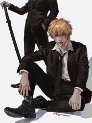 Rule 34 | 2boys, black jacket, black necktie, black pants, blonde hair, blood, blood on clothes, blood on face, boots, chainsaw man, collared shirt, denji (chainsaw man), formal, hand in pocket, hayakawa aki, highres, holding, holding sword, holding weapon, jacket, katana, looking at viewer, multiple boys, necktie, nosebleed, pants, shadow, shirt, short hair, simple background, sitting, spiked hair, standing, suit, sword, tongue, tongue out, weapon, white background, white shirt, zu yuan cesar