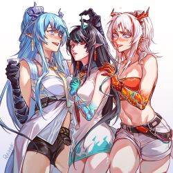 Rule 34 | 3girls, :d, arknights, bandeau, bare shoulders, black hair, black shorts, blue eyes, blue hair, blush, commentary request, cowboy shot, dress, dusk (arknights), gradient background, grey background, highres, horns, lava (darkxingblack), ling (arknights), long hair, midriff, multicolored hair, multiple girls, navel, nian (arknights), nose blush, open mouth, pencil dress, pointy ears, purple eyes, red eyes, red hair, shirt, short shorts, shorts, siblings, sisters, sleeveless, sleeveless dress, smile, standing, stomach, strapless, streaked hair, tail, thighs, tongue, tongue out, tube top, very long hair, white background, white dress, white hair, white shirt, white shorts