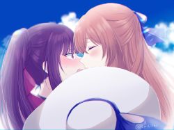 Rule 34 | 2girls, alternate costume, artist name, blue sky, blush, braid, brown hair, close-up, closed eyes, closed mouth, commentary request, day, embarrassed, from side, girls&#039; frontline, hair between eyes, hair ornament, hair ribbon, hat, unworn hat, unworn headwear, imminent kiss, lips, long hair, looking at another, multiple girls, open mouth, ponytail, purple hair, red eyes, ribbon, sidelocks, sky, springfield (girls&#039; frontline), springfield (stirring mermaid) (girls&#039; frontline), sui (camellia), sweat, wa2000 (girls&#039; frontline), wa2000 (op. manta ray) (girls&#039; frontline), white headwear, yuri