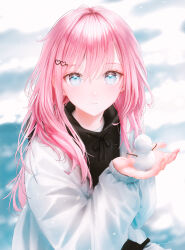 Rule 34 | 1girl, absurdres, black hoodie, blue eyes, commentary, hair between eyes, hair ornament, hairclip, heart, heart hair ornament, highres, holding, hood, hoodie, jacket, long hair, looking at viewer, ojay tkym, open clothes, open jacket, original, outdoors, parted lips, pink hair, signature, snow, snowflakes, snowman, solo, symbol-only commentary, white jacket