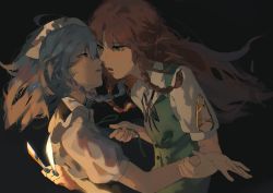 Rule 34 | 2girls, absurdres, between fingers, blue eyes, blush, braid, commentary request, eyelashes, green eyes, grey hair, highres, holding, holding knife, hong meiling, imminent kiss, izayoi sakuya, kinoko (kino2435006), knife, knives between fingers, long hair, looking at another, maid, maid headdress, multiple girls, neck ribbon, no headwear, open mouth, parted lips, puffy short sleeves, puffy sleeves, red hair, ribbon, short sleeves, sidelocks, touhou, twin braids, yuri