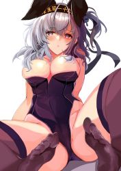 Rule 34 | 1girl, :o, animal ears, black hairband, black leotard, blush, breasts, cleavage, collarbone, eriyama e, fake animal ears, full body, hair over breasts, hairband, highres, kantai collection, large breasts, leotard, leotard pull, long hair, looking at viewer, one side up, playboy bunny, purple eyes, rabbit ears, silver hair, simple background, sitting, smile, solo, spread legs, suzutsuki (kancolle), thighhighs, white background