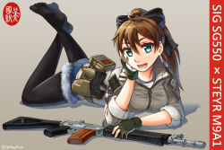 Rule 34 | 1girl, aqua eyes, arm support, assault rifle, bow, brown hair, feet, first aid kit, gloves, gun, hair bow, hair ornament, hairclip, highres, holster, holstered, lying, ndtwofives, no shoes, on stomach, original, pantyhose, partially fingerless gloves, ponytail, rifle, short shorts, shorts, sig sg550, sig sg550, simple background, solo, steyr m9, twitter username, weapon