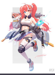Rule 34 | 1girl, absurdres, ahoge, apex legends, artist name, bare shoulders, blue eyes, breasts, character request, cleavage, commentary request, crop top, gun, hair between eyes, hair ornament, hand up, heterochromia, highres, holding, holding gun, holding weapon, lightning bolt, lightning bolt hair ornament, lightning bolt symbol, long hair, looking at viewer, mcg6, medium breasts, midriff, multicolored hair, navel, off shoulder, parted lips, purple skirt, red eyes, red hair, shoes, signature, skindentation, skirt, smile, sneakers, solo, sports bra, stomach, streaked hair, thigh strap, thighhighs, thighs, twintails, weapon, white hair