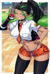 Rule 34 | 1girl, bag, between breasts, black hair, black thighhighs, blue panties, blue sky, blush, breasts, brick floor, cloud, collared shirt, commentary request, cowboy shot, creatures (company), dark-skinned female, dark skin, day, fingerless gloves, freckles, game freak, gloves, grass, green hair, grin, groin, hair between eyes, hand on own hip, hand up, heart, highleg, highleg panties, holding, holding poke ball, large breasts, long hair, looking at viewer, midriff, multicolored hair, naranja academy school uniform, naughty face, navel, necktie, necktie between breasts, nemona (pokemon), nintendo, one eye closed, orange eyes, orange necktie, orange shorts, panties, poke ball, poke ball (basic), pokemon, pokemon sv, ponytail, school, school uniform, shadow, shimure (460), shiny skin, shirt, short shorts, short sleeves, shorts, single glove, sky, smile, solo, spoken heart, standing, streaked hair, sweat, teeth, thighhighs, thong, tied shirt, two-tone gloves, underwear, v, white shirt, wide hips