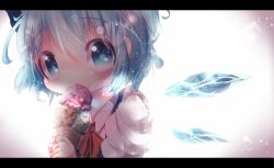 Rule 34 | 1girl, akisha, backlighting, bad id, bad pixiv id, blue dress, blue eyes, blue hair, bow, cirno, dress, food, hair bow, highres, ice, ice cream, ice cream cone, ice wings, letterboxed, looking at viewer, matching hair/eyes, puffy short sleeves, puffy sleeves, shirt, short sleeves, solo, sparkle, touhou, upper body, wings