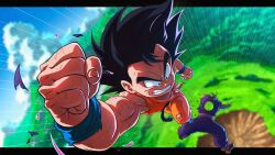 Rule 34 | 2boys, antennae, black hair, blurry, blurry background, child, clenched hands, colored skin, dragon ball, dragon ball (classic), goku day, green skin, highres, hole in chest, hole on body, injury, looking at another, looking down, male focus, motion lines, multiple boys, orange pants, orange shirt, pants, piccolo daimaou, piccolo day, purple pants, purple shirt, shirt, son goku, spiked hair, srojam, torn clothes, torn pants, torn shirt