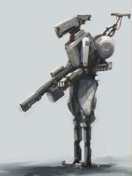 Rule 34 | absurdres, cable, dashimaki (dasimakitama50), from side, full body, grey background, gun, highres, holding, holding gun, holding weapon, humanoid robot, no humans, original, robot, science fiction, shadow, weapon