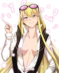 Rule 34 | 1girl, blonde hair, breasts, digimon, digimon story: cyber sleuth, glasses on head, green eyes, highres, jewelry, kuremi kyouko, long hair, medium breasts, necklace, solo, very long hair