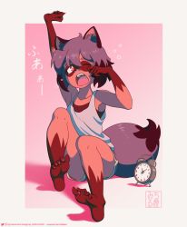 Rule 34 | 1girl, ;o, absurdres, alarm clock, animal ears, animal nose, barefoot, black hair, blue hair, body fur, brand new animal, brown fur, clock, dolphin shorts, feet, furry, furry female, hand to own mouth, highres, kagemori michiru, md5 mismatch, messy hair, michirutnk, multicolored hair, one eye closed, open mouth, raccoon ears, raccoon girl, raccoon tail, resolution mismatch, shadow, shirt, short hair, shorts, sitting, sleepy, solo, source smaller, stretching, tail, tank top, tanuki, tears, toes, twitter logo, two-tone hair, waking up, white shirt, yawning