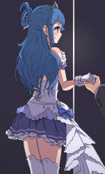 Rule 34 | 1boy, 1girl, absurdres, asari nanami, blue bow, blue eyes, blue hair, blue skirt, blush, bow, closed mouth, commentary request, frilled skirt, frills, gloves, hair rings, highres, holding hands, idolmaster, idolmaster cinderella girls, long hair, long sleeves, out of frame, pizzasi, pleated skirt, profile, skirt, solo focus, sweat, thighhighs, tiara, very long hair, white gloves, white thighhighs