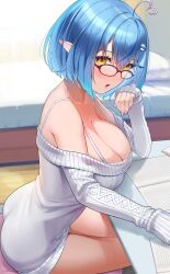 Rule 34 | 1girl, absurdres, ahoge, bed sheet, blue hair, blush, bob cut, breasts, cleavage, colored tips, daifuku (yukihana lamy), elf, glasses, grey sweater, hair ornament, hand up, heart, heart ahoge, highres, hololive, large breasts, looking at viewer, multicolored hair, naked sweater, off-shoulder sweater, off shoulder, open mouth, paper, pointy ears, short hair, sitting, solo, sweater, virtual youtuber, yellow eyes, yukihana lamy, yukihana lamy (loungewear), yumemori jabara