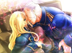 Rule 34 | 00s, 1boy, 1girl, ailala, bad id, bad pixiv id, blonde hair, blue eyes, breasts, closed eyes, couch, couple, fullmetal alchemist, hair over one eye, hetero, large breasts, lips, long hair, miles, military, military uniform, olivier mira armstrong, short hair, uniform, white hair