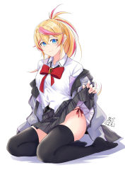 Rule 34 | 1girl, akira miku ver, black thighhighs, blonde hair, blue eyes, bow, bowtie, closed mouth, clothes lift, collared shirt, dress shirt, full body, grey skirt, hair between eyes, highres, lifted by self, long hair, long sleeves, looking at viewer, miniskirt, multicolored hair, original, panties, plaid, plaid skirt, pleated skirt, ponytail, red bow, red bowtie, red hair, red panties, red ribbon, ribbon, school uniform, shirt, side-tie panties, simple background, sitting, skirt, skirt lift, smile, solo, thighhighs, two-tone hair, underwear, white background, white shirt, wing collar