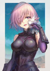 Rule 34 | 1girl, armor, armored dress, bare shoulders, black leotard, blue sky, blush, breasts, dated, elbow gloves, fate/grand order, fate (series), fou (fate), gloves, hair over one eye, highres, large breasts, leotard, light purple hair, looking at another, mash kyrielight, open mouth, purple eyes, purple gloves, sakumichi, short hair, signature, sky, solo