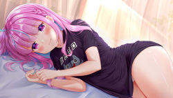 Rule 34 | 1girl, absurdres, artist request, bed, black shirt, blush, braid, cat, colored inner hair, curtains, highres, hololive, looking at viewer, lying, minato aqua, multicolored hair, nail polish, no pants, on bed, on side, panties, pantyshot, pov across bed, purple hair, shirt, smile, solo, streaked hair, thighs, underwear, virtual youtuber, white panties