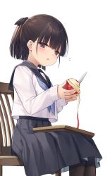 Rule 34 | 1girl, apple, black bow, black sailor collar, black skirt, blue neckerchief, blush, bow, brown eyes, brown hair, brown pantyhose, commentary request, feet out of frame, flying sweatdrops, food, fruit, hair bow, highres, holding, holding food, holding fruit, kitchen knife, long sleeves, looking at viewer, medium hair, na-ga, neckerchief, on chair, original, pantyhose, parted lips, peeling, pleated skirt, ponytail, sailor collar, school uniform, serafuku, simple background, sitting, skirt, sleeves past wrists, solo, tray, white background, white serafuku