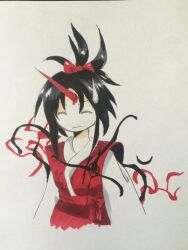 Rule 34 | 1girl, black hair, bow, closed eyes, closed mouth, commentary request, facing viewer, flat chest, hair bow, highres, horns, japanese clothes, kaigen 1025, kimono, konngara (touhou), long sleeves, marker (medium), no nose, red bow, red horns, red kimono, red ribbon, ribbon, simple background, single horn, sleeveless, sleeveless kimono, solo, sweatdrop, touhou, touhou (pc-98), traditional media, upper body, white background, white sleeves
