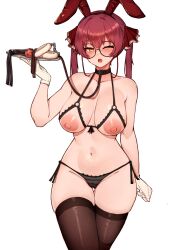 Rule 34 | 1girl, ball gag, bespectacled, black collar, black panties, bra, breasts, cleft of venus, collar, cupless bra, fur cuffs, gag, glasses, groin, heterochromia, highres, holding, holding tray, hololive, houshou marine, large areolae, large breasts, leash, leotard, navel, panties, playboy bunny, red eyes, red hair, sex toy, simple background, solo, stomach, thighhighs, topless, tray, twintails, underwear, underwear only, varniskarnis, virtual youtuber, white background, wiffle gag, yellow eyes