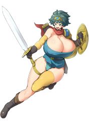 Rule 34 | 1girl, blue eyes, blush, breasts, character request, cleavage, curvy, dragon quest, dragon quest iv, covered erect nipples, full body, green hair, heroine (dq4), huge breasts, legs, open mouth, sasaki tatsuya, shield, short hair, solo, sword, tagme, thick thighs, thighs, weapon, white background, wide hips