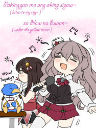 Rule 34 | 2girls, :d, admiral (kancolle), animal, beamed sixteenth notes, bell, bird, black skirt, blush, bow, brown hair, closed eyes, clothed animal, commentary, drunk, english commentary, english text, flower, guin guin, hair bell, hair between eyes, hair ornament, holding, holding microphone, jacket, jingle bell, kantai collection, layered sleeves, long hair, long sleeves, microphone, military jacket, multiple girls, music, musical note, non-human admiral (kancolle), open mouth, penguin, pleated skirt, pola (kancolle), profile, puffy short sleeves, puffy sleeves, red bow, red flower, red skirt, sendai (kancolle), shirt, short over long sleeves, short sleeves, singing, sitting, skirt, smile, squeans, stool, tagalog, thighhighs, twintails, very long hair, white jacket, white legwear, white shirt